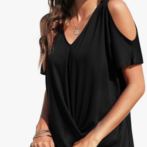 Sz M Black Yeahill Womens Cold Shoulder Top Short Sleeve Front Twist Stretch Nwt - Picture 8 of 8